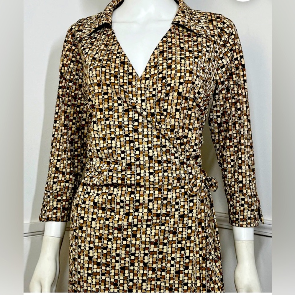 ✨⚡️💥Vintage Tan and Brown Geometric Print Wrap Dress Large 1990s